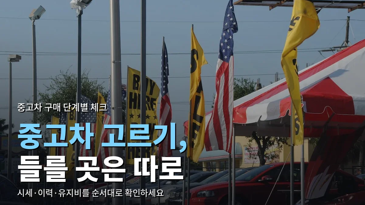 깃발이 늘어선 중고차 매매 단지의 주차된 차량들